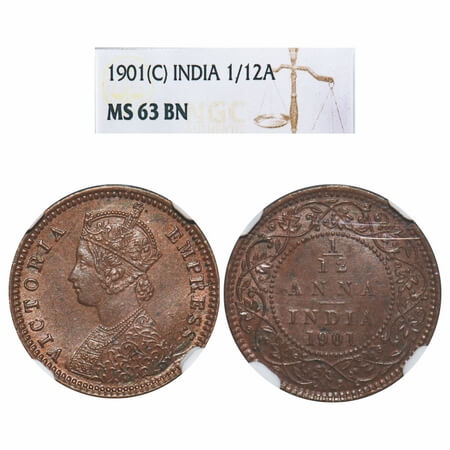 Victoria Empress, Copper, 1/12 Anna, 1901, Calcutta Mint, Obv B, No mint mark. F. Prid 805