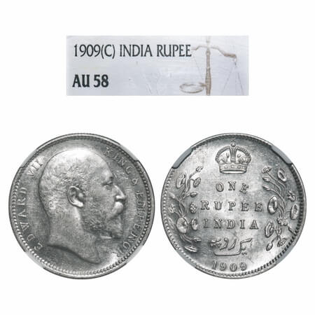 Edward VII, Silver, Rupee, 1909, Calcutta Mint, No mint mark. F. Prid 195. GK 950. NGC Sla
