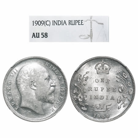 Edward VII, Silver, Rupee, 1909, Calcutta Mint, No mint mark. F. Prid 195. GK 950. NGC Sla