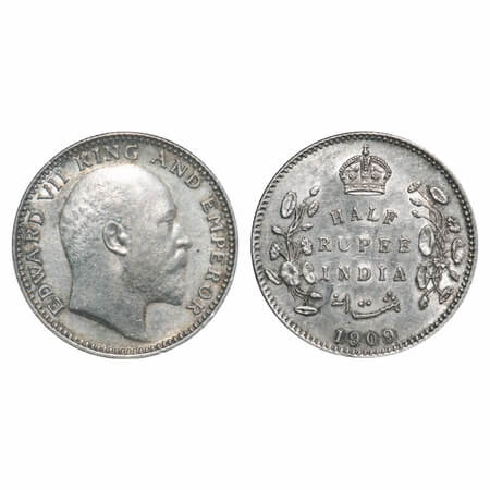 Edward VII, Silver, Half Rupee, 1909, Calcutta Mint, No mint mark. F. Prid 313. GK 969. Ex