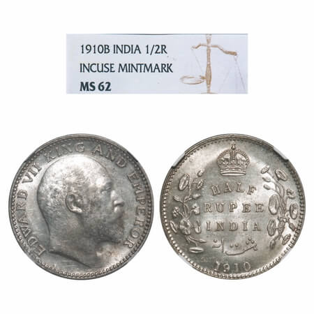 Edward VII, Silver, Half Rupee, 1910, Bombay Mint, 'B' incused and dot. F. Prid 317. GK 97