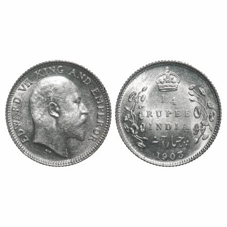 Edward VII, Silver, 1/4 Rupee, 1903, Calcutta Mint, No mint mark. F. Prid 432. GK 972. Bri