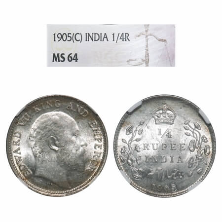 Edward VII, Silver, 1/4 Rupee, 1905, Calcutta Mint, No mint mark. F. Prid 434. GK 974. NGC