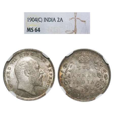 Edward VII, Silver, 2 Annas, 1904, Calcutta Mint, No mint mark. F. Prid 557. GK 981. NGC S