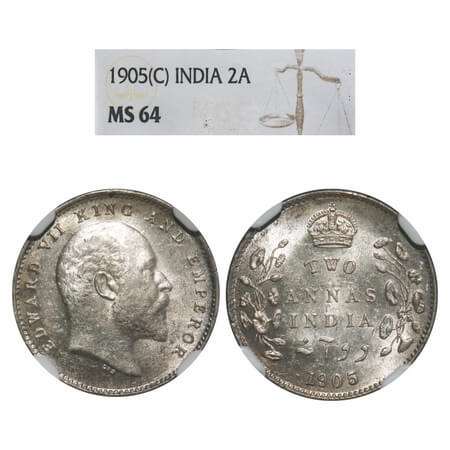 Edward VII, Silver, 2 Annas, 1905, Calcutta Mint, No mint mark. F. Prid 558. GK 982. NGC S