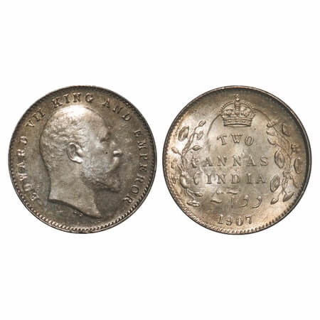 Edward VII, Silver, 2 Annas, 1907, Calcutta Mint, No mint mark, Complete skull ghost on Re