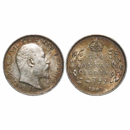 Edward VII, Silver, 2 Annas, 1907, Calcutta Mint, No mint mark, Ghost on Rev. F. Prid 560.