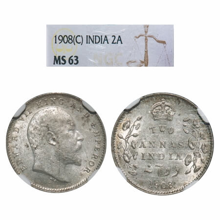 Edward VII, Silver, 2 Annas, 1908, Calcutta Mint, No mint mark. F. Prid 561. GK 985. NGC S