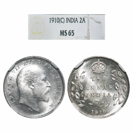 Edward VII, Silver, 2 Annas, 1910, Calcutta Mint, No mint mark. F. Prid 563. GK 987. NGC S