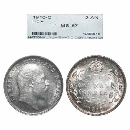 Edward VII, Silver, 2 Annas, 1910, Bombay Mint, Dot. F. Prid Unlisted. GK 988. NNC Slab MS