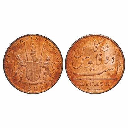 Madras Presidency, Copper X (Ten) Cash, 4.73g (light Issue), Struck at Soho Mint, 1808 AD,