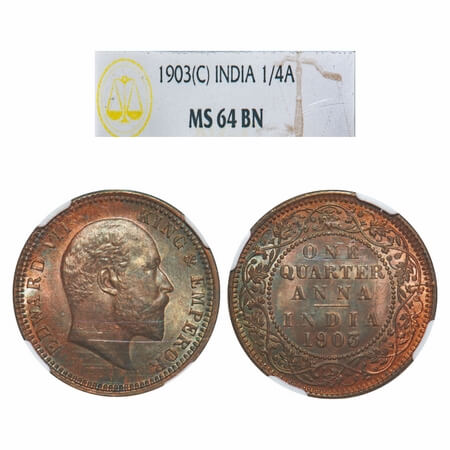 Edward VII, Copper, Quarter Anna, 1903, Calcutta Mint, No mint mark. F. Prid 646. GK 994. 