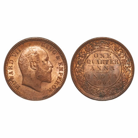 Edward VII, Copper, Quarter Anna, 1904, Calcutta Mint, No mint mark, Die cracks on Rev. F.