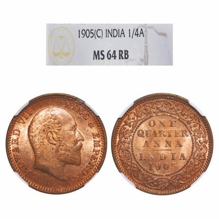 Edward VII, Copper, Quarter Anna, 1905, Calcutta Mint, No mint mark. F. Prid 649. GK 996. 
