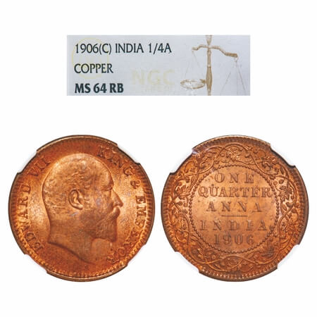 Edward VII, Copper, Quarter Anna, 1906, Calcutta Mint, No mint mark. F. Prid 650. GK 997.