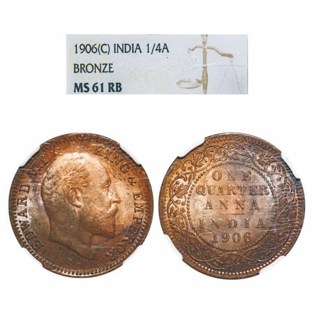 Edward VII, Bronze, Quarter Anna, 1906, Calcutta Mint, No mint mark. F. Prid 651. GK 998. 