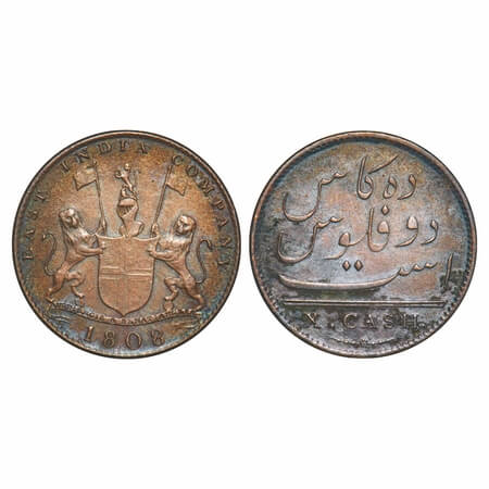 Madras Presidency, Copper X (Ten) Cash, 4.49g (light Issue), Struck at Soho Mint, 1808 AD,