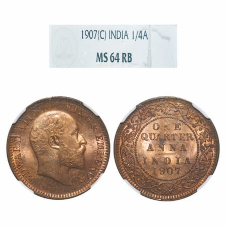 Edward VII, Bronze, Quarter Anna, 1907, Calcutta Mint, No mint mark. F. Prid 652. GK 999. 