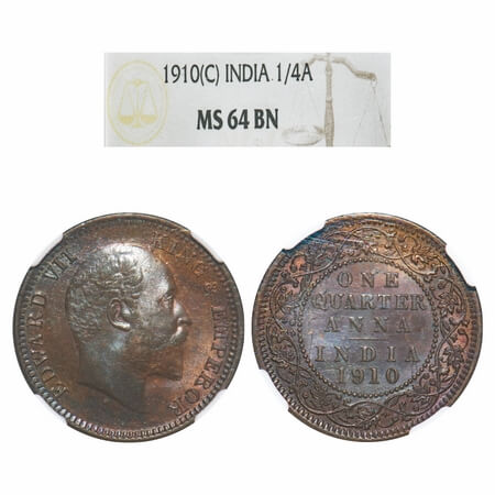 Edward VII, Bronze, Quarter Anna, 1910, Calcutta Mint, No mint mark. F. Prid 655. GK 1002.
