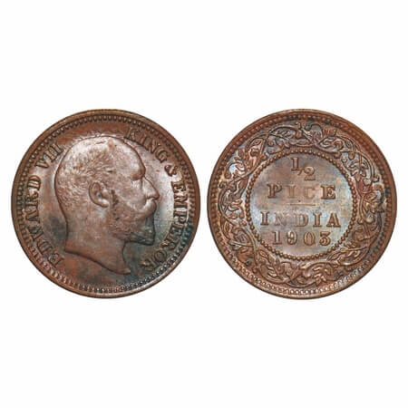 Edward VII, Copper, Half Pice, 1903, Calcutta Mint, No mint mark, Die crack on Obv. F. Pri