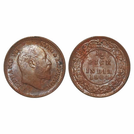 Edward VII, Copper, Half Pice, 1904, Calcutta Mint, No mint mark, Multiple die cracks on O