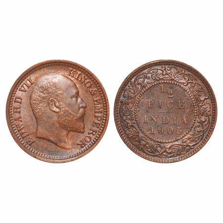 Edward VII, Copper, Half Pice, 1905, Calcutta Mint, No mint mark, Complete skull ghost on 
