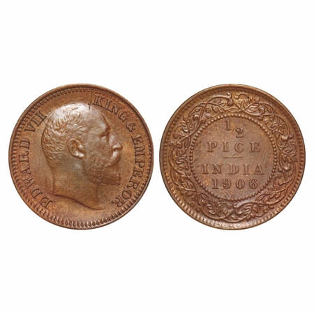 Edward VII, Bronze, Half Pice, 1906, 2.47gm, Calcutta Mint, No mint mark, Ghost on Rev, Di