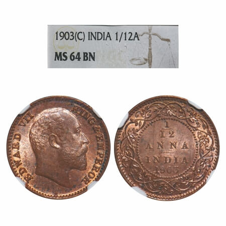 Edward VII, Copper, 1/12 Anna, 1903, Calcutta mInt, No mint mark. F. Prid 818. GK 1012. NG