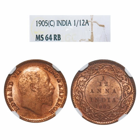 Edward VII, Copper, 1/12 Anna, 1905, Calcutta mInt, No mint mark. F. Prid 820. GK 1014. NG