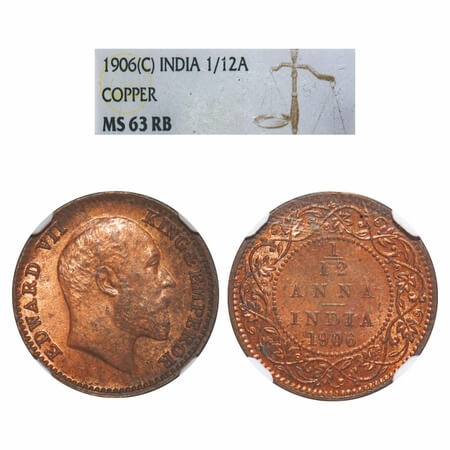 Edward VII, Copper, 1/12 Anna, 1906, Calcutta Mint, No mint mark. F. Prid 821. GK 1015. NG