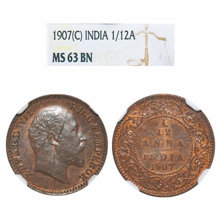 Edward VII, Bronze, 1/12 Anna, 1907, Calcutta Mint, No mint mark. F. Prid 823. GK 1017. NG