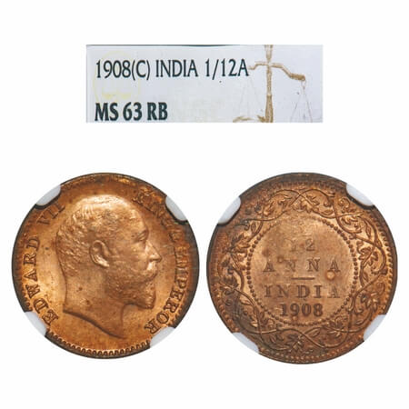 Edward VII, Bronze, 1/12 Anna, 1908, Calcutta Mint, No mint mark. F. Prid 824. GK 1018. NG