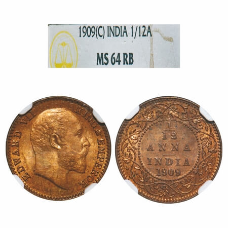 Edward VII, Bronze, 1/12 Anna, 1909, Calcutta Mint, No mint mark. F. Prid 825. GK 1019. NG