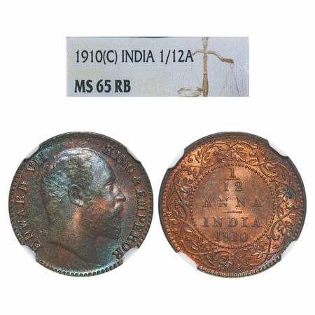 Edward VII, Bronze, 1/12 Anna, 1910, Calcutta Mint, No mint mark. F. Prid 826. GK 1020. NG