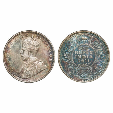 George V, Silver, Rupee, 1911, Bombay Mint, Dot, Pig-Type, Raised initials 'BM' (Bertram M
