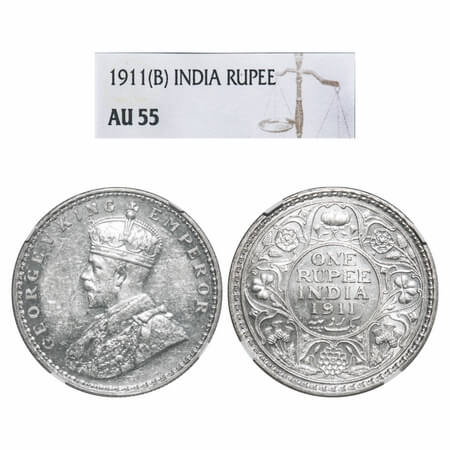 George V, Silver, Rupee, 1911, Bombay Mint, Dot, Pig-Type. F. Prid 217. GK 1022. NGC Slab 