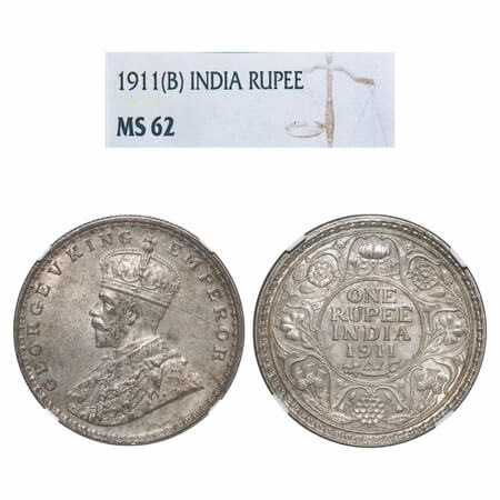 George V, Silver, Rupee, 1911, Bombay Mint, Dot, Pig-Type. F. Prid 217. GK 1022. NGC Slab 