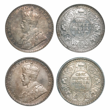 George V, Silver, Rupee, (2 coins), 1912, Re-drawn Elephant with long tusk, 1) Calcutta Mi