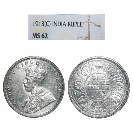 George V, Silver, Rupee, 1913, Calcutta Mint, No dot. F. Prid 209. GK 1027. NGC Slab MS 62