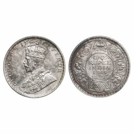 George V, Silver, Rupee, 1915, Calcutta Mint, No dot. F. Prid 211. GK 1031. Uncirculated. 