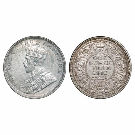 George V, Silver, Rupee, 1916, Calcutta Mint, No dot. F. Prid 212. GK 1033. Uncirculated. 