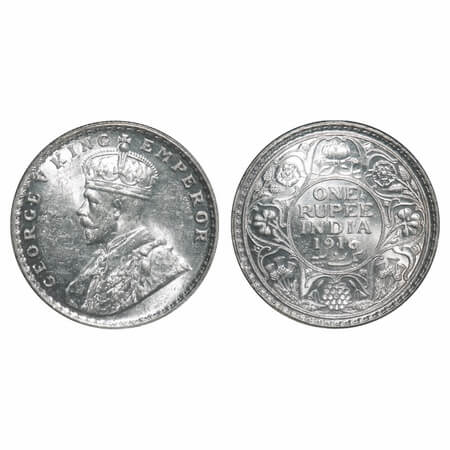 George V, Silver, Rupee, 1916, Bombay Mint, Dot. F. Prid 222. GK 1034. Mint State. Rare.