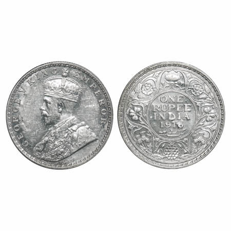 George V, Silver, Rupee, 1916, Bombay Mint, Dot, 'A' of India and numeral 6 of 1916 seen o