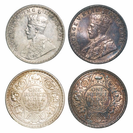 George V, Silver, Rupee, 1917, (2 coins), 1) Calcutta Mint, No dot, 2) Bombay Mint, Dot. F