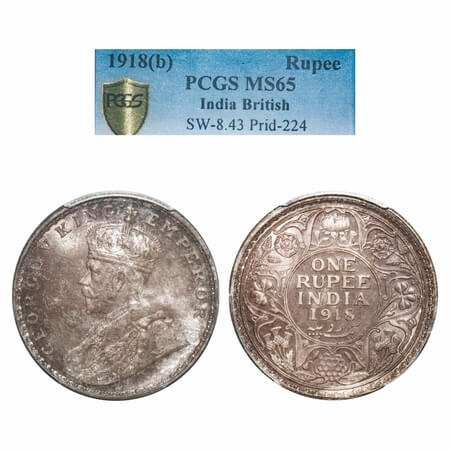 George V, Silver, Rupee, 1918, Bombay Mint, Dot. F. Prid 224. GK 1038. NGC Slab MS 65. Ext