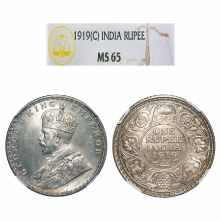 George V, Silver, Rupee, 1919, Calcutta Mint, No dot. F. Prid 215. GK 1039. NGC Slab MS 65