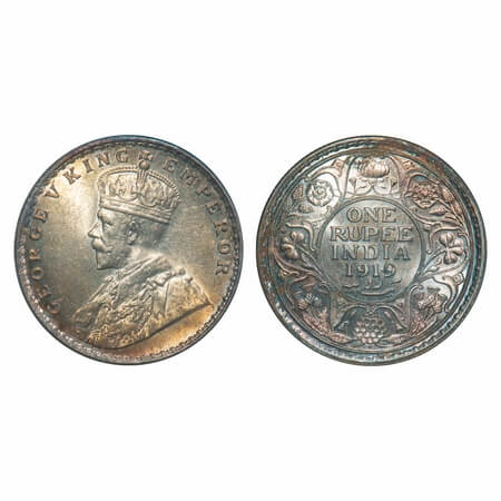 George V, Silver, Rupee, 1919, Bombay Mint, Dot. F. Prid 225. GK 1040. Uncirculated, Rainb