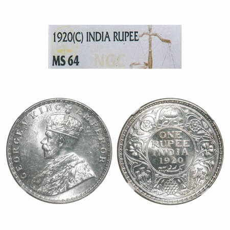 George V, Silver, Rupee, 1920, Calcutta Mint, No dot. F. Prid 216. GK 1041. NGC Slab MS 64