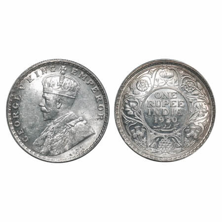 George V, Silver, Rupee, 1920, Bombay Mint, Dot. F. Prid 226. GK 1042. Mint State. Rare.
