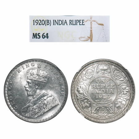 George V, Silver, Rupee, 1920, Bombay Mint, Dot. F. Prid 226. GK 1042. NGC Slab MS 64. Ext